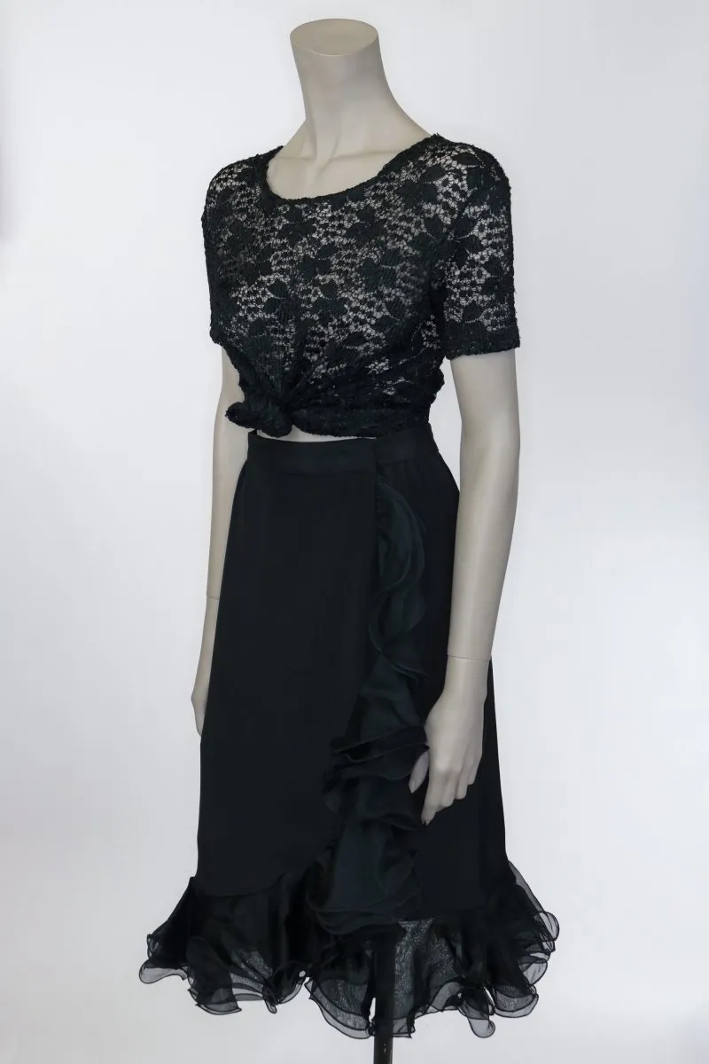1990s Black Silk Ruffled Wrap Skirt