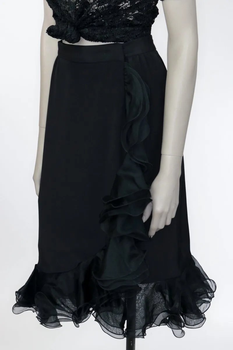 1990s Black Silk Ruffled Wrap Skirt