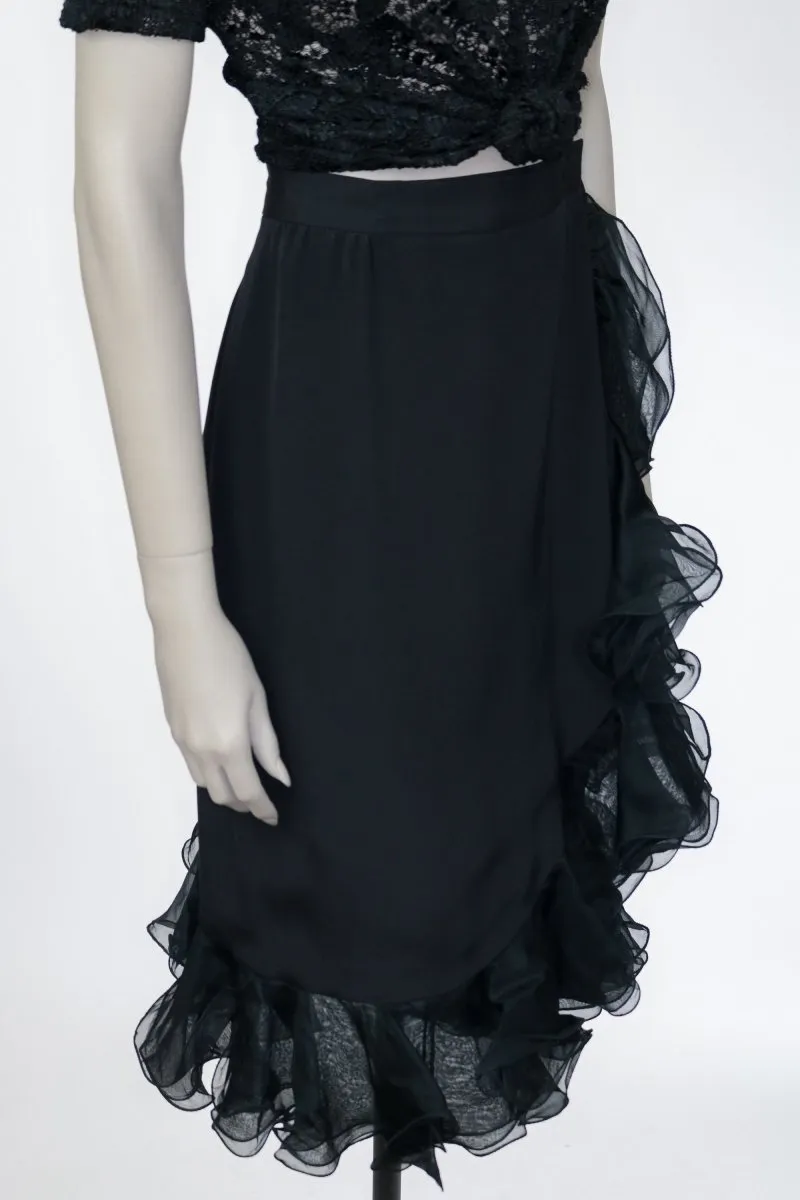 1990s Black Silk Ruffled Wrap Skirt