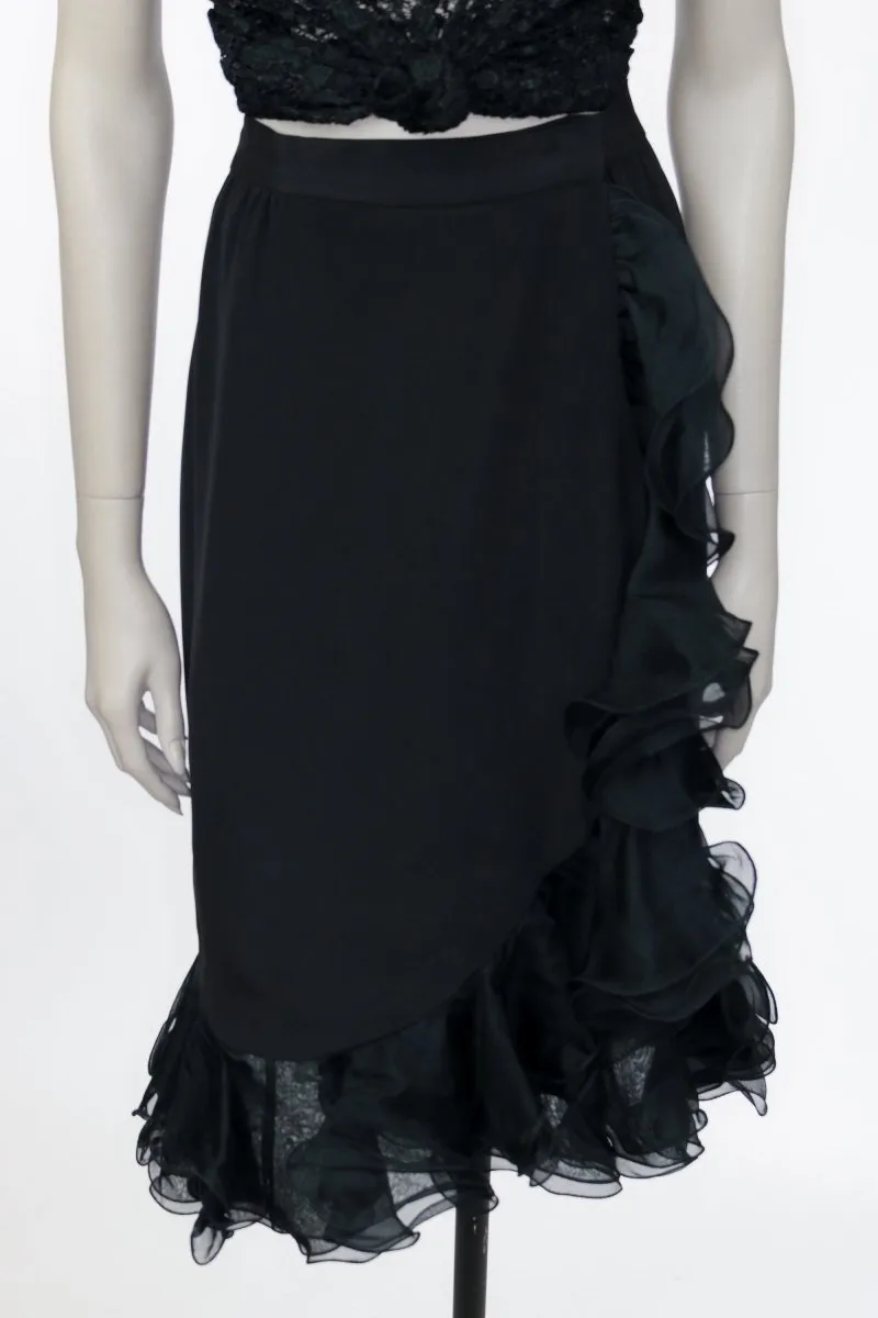 1990s Black Silk Ruffled Wrap Skirt