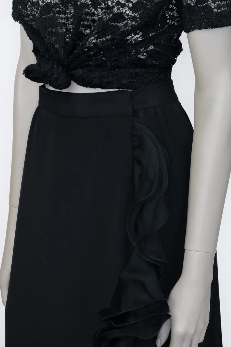 1990s Black Silk Ruffled Wrap Skirt
