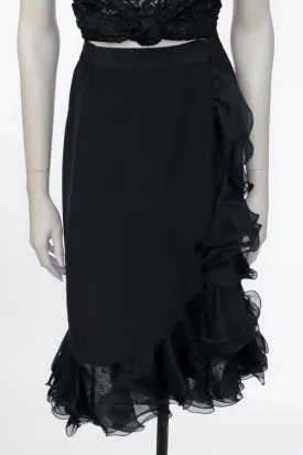 1990s Black Silk Ruffled Wrap Skirt