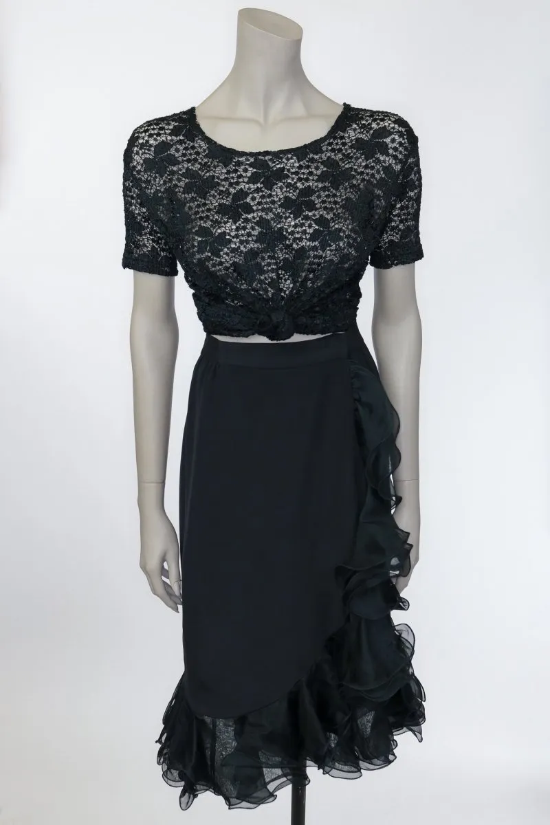 1990s Black Silk Ruffled Wrap Skirt