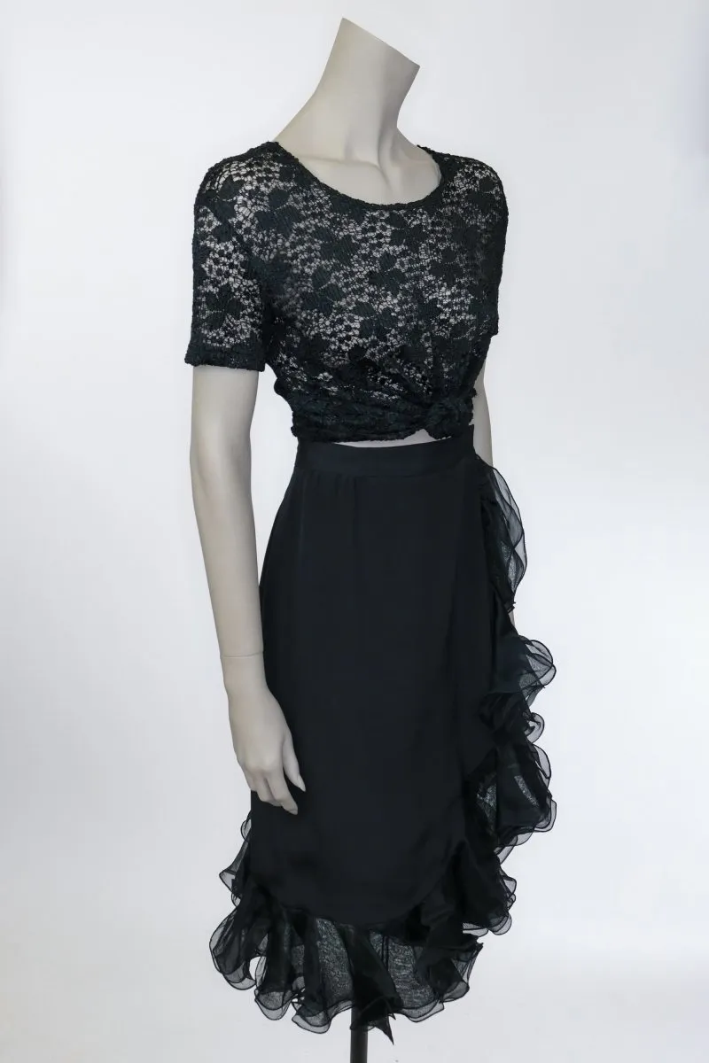 1990s Black Silk Ruffled Wrap Skirt