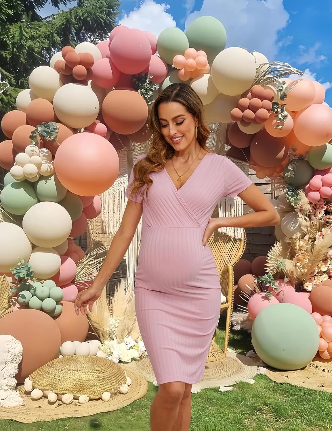 2025 Women's V Neck Short Sleeves Floral Maternity Wrap Dress, Boho Maternity Bodycon Dress for Baby Shower