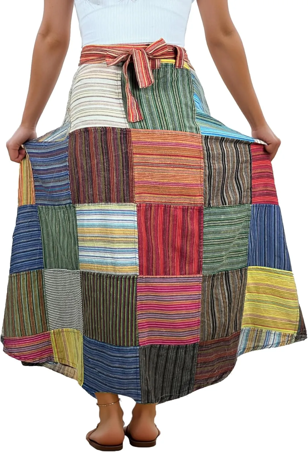 Agan Traders Women's 2025 Summer Boho Maxi Skirt for Fall Patched Tie Up High Waisted Long Skirt Bohemian Wrap Cover Up
