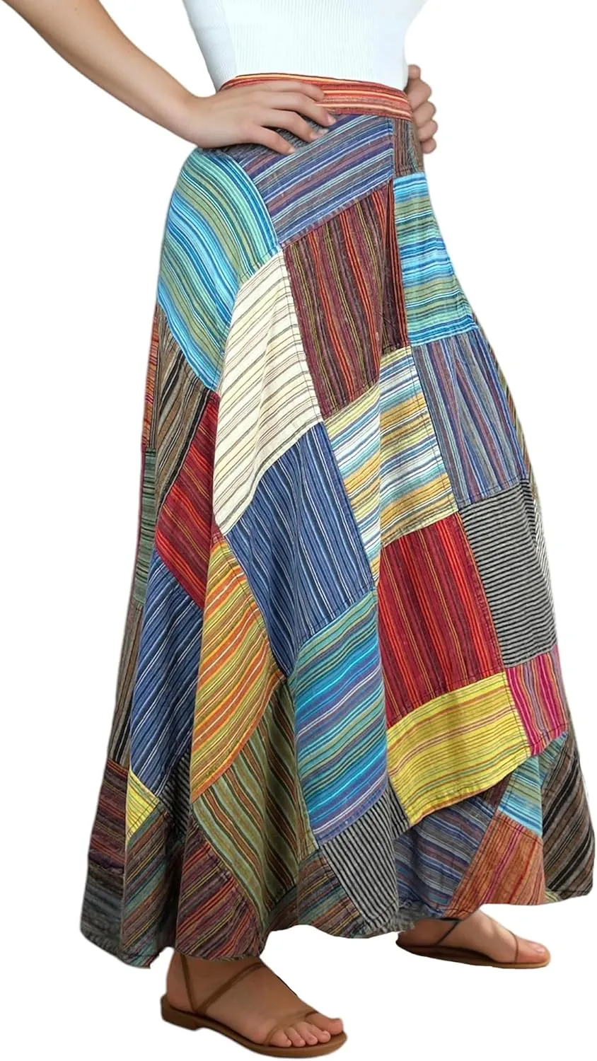 Agan Traders Women's 2025 Summer Boho Maxi Skirt for Fall Patched Tie Up High Waisted Long Skirt Bohemian Wrap Cover Up