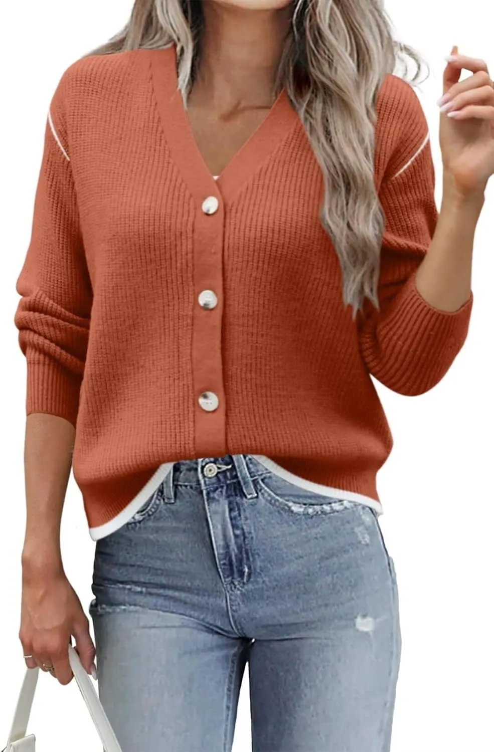 Allimy Womens Slouchy Contrast Tipping Imitation Cashmere Short Cardigan Sweaters for Women Fall Fashion 2025 Trendy Coats