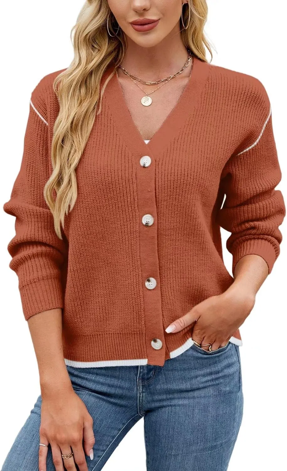 Allimy Womens Slouchy Contrast Tipping Imitation Cashmere Short Cardigan Sweaters for Women Fall Fashion 2025 Trendy Coats