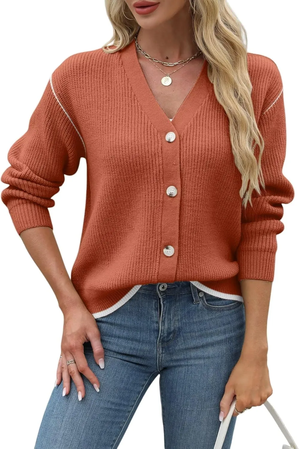 Allimy Womens Slouchy Contrast Tipping Imitation Cashmere Short Cardigan Sweaters for Women Fall Fashion 2025 Trendy Coats