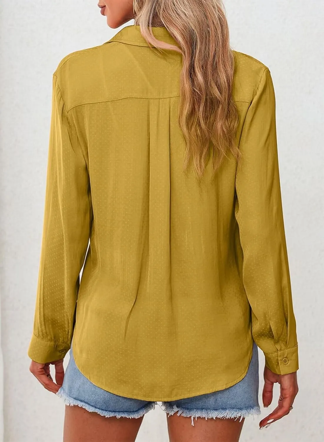Astylish Women 2024 Casual Long Sleeve Silk Shirts V Neck Elegant Button Down Polka Dots Blouse
