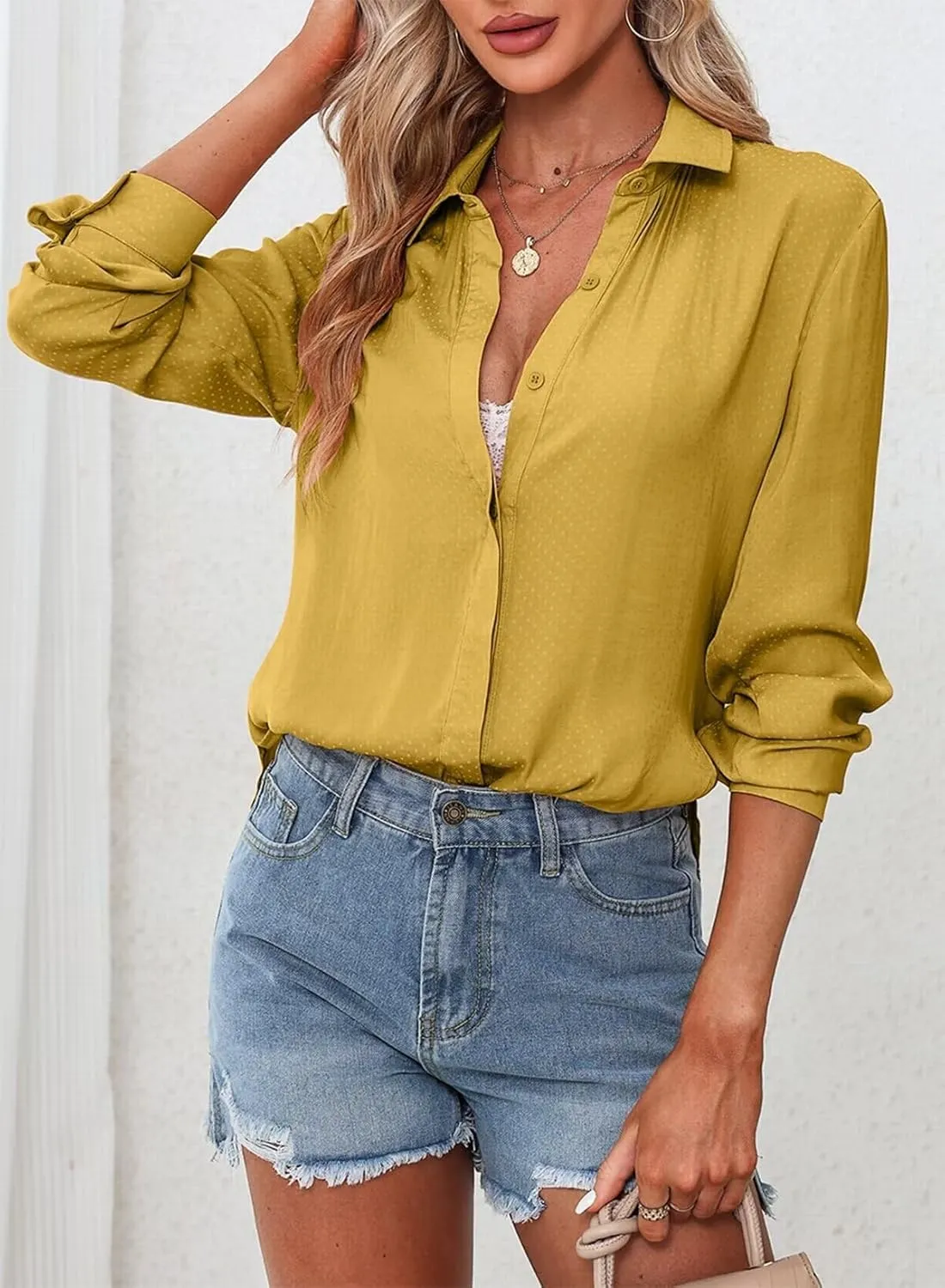 Astylish Women 2024 Casual Long Sleeve Silk Shirts V Neck Elegant Button Down Polka Dots Blouse