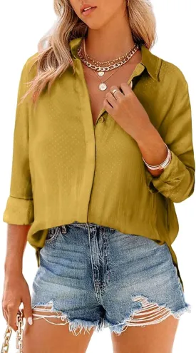 Astylish Women 2024 Casual Long Sleeve Silk Shirts V Neck Elegant Button Down Polka Dots Blouse