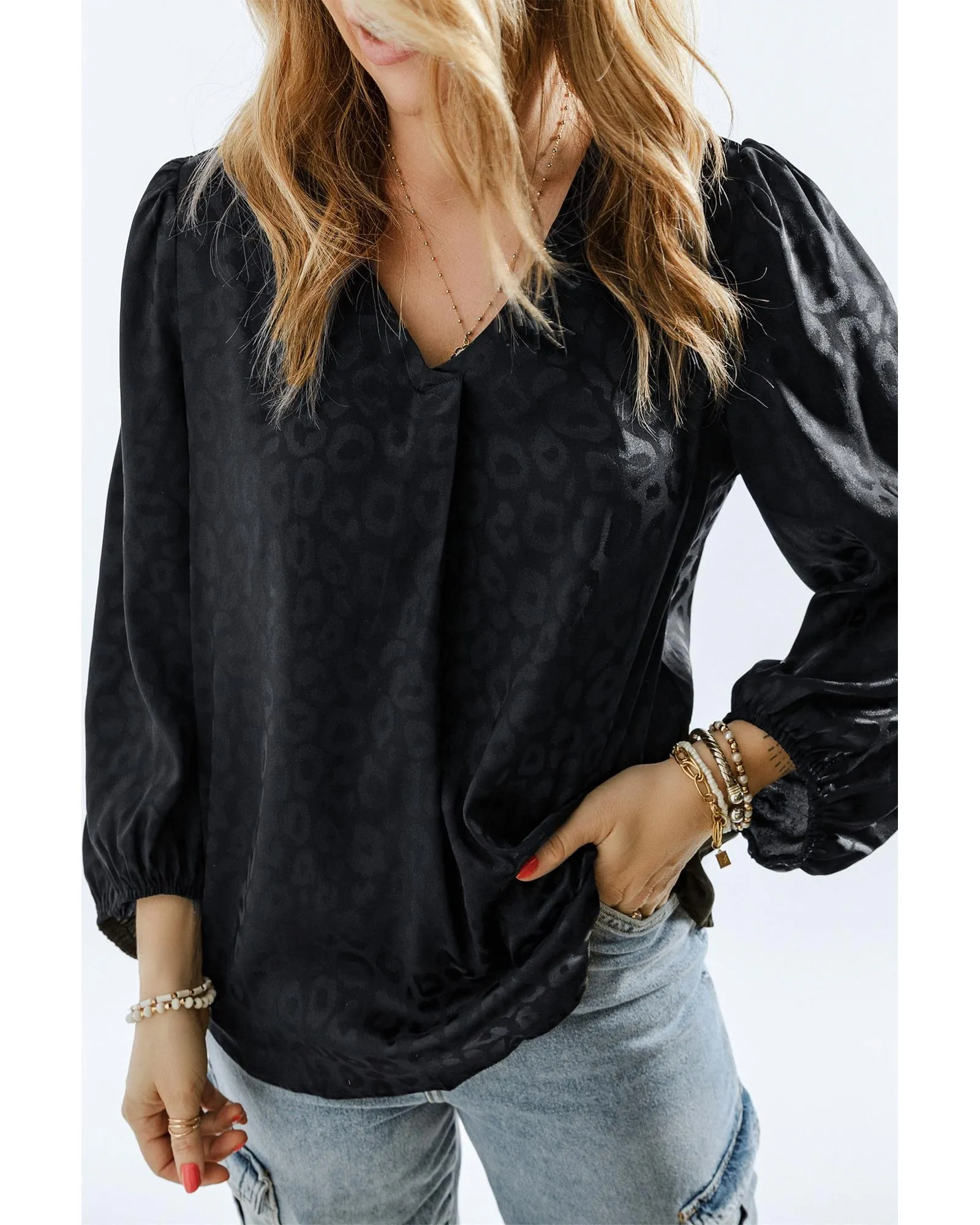 Azura Exchange Leopard Pattern V Neck Blouse - L