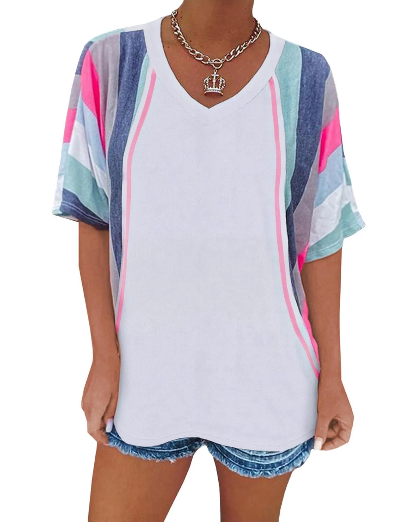 Azura Exchange Patchwork V Neck T-Shirt with Stripe Detail - L