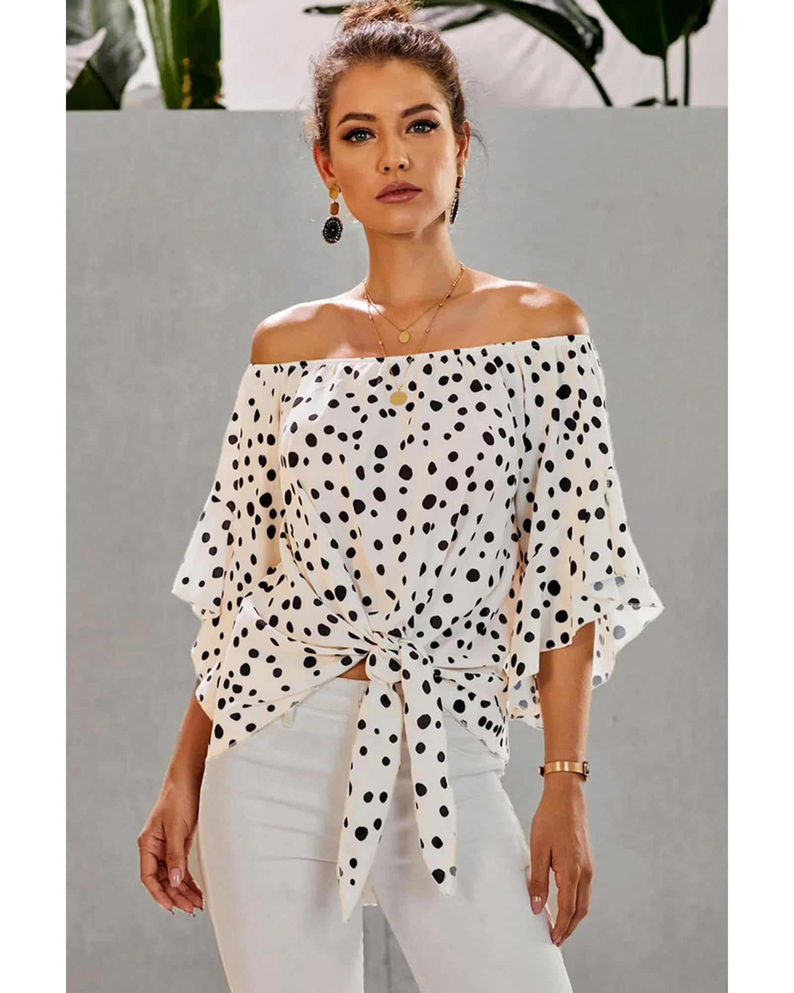 Azura Exchange Polka Dot Bell Sleeve Off Shoulder Top - M