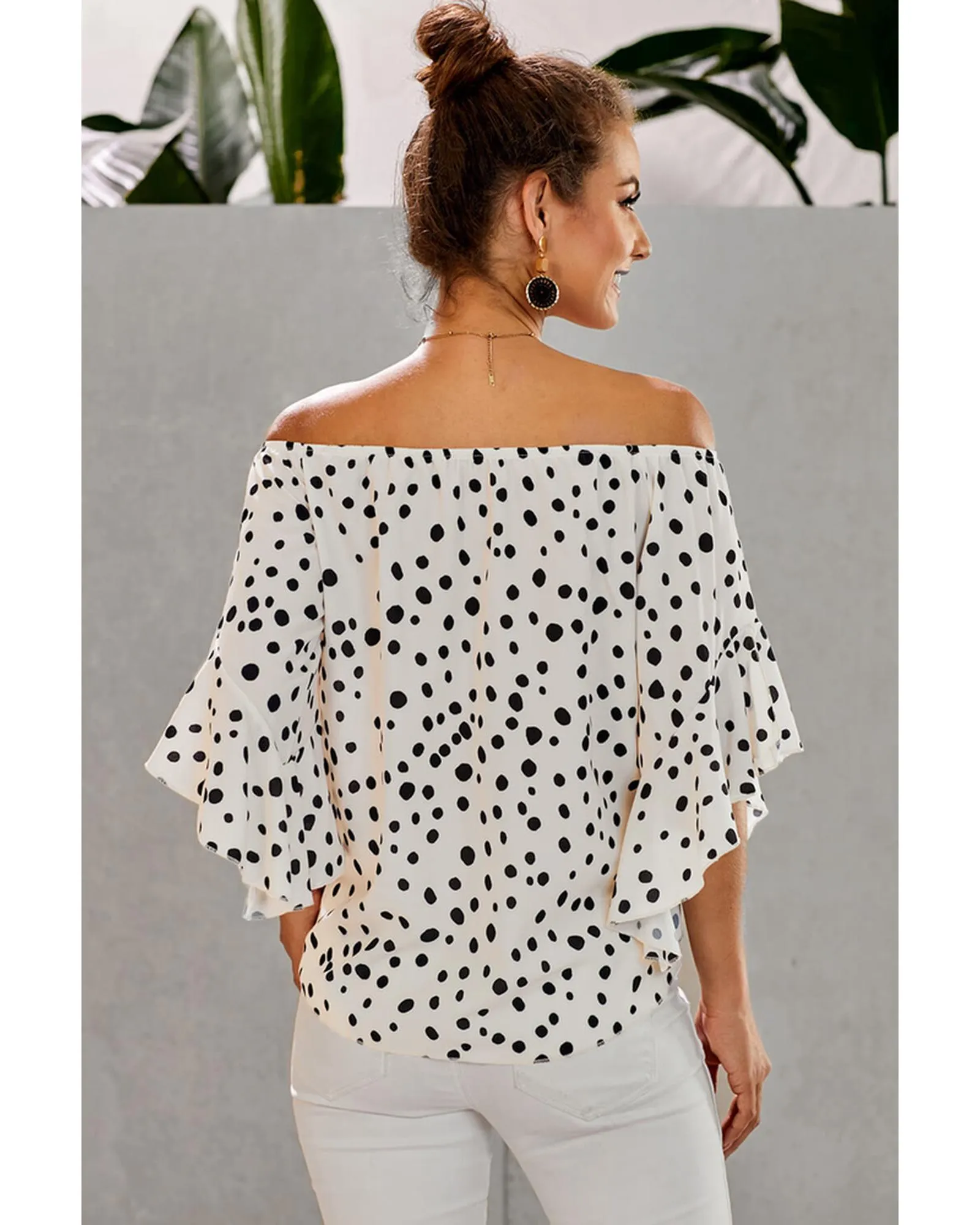 Azura Exchange Polka Dot Bell Sleeve Off Shoulder Top - M