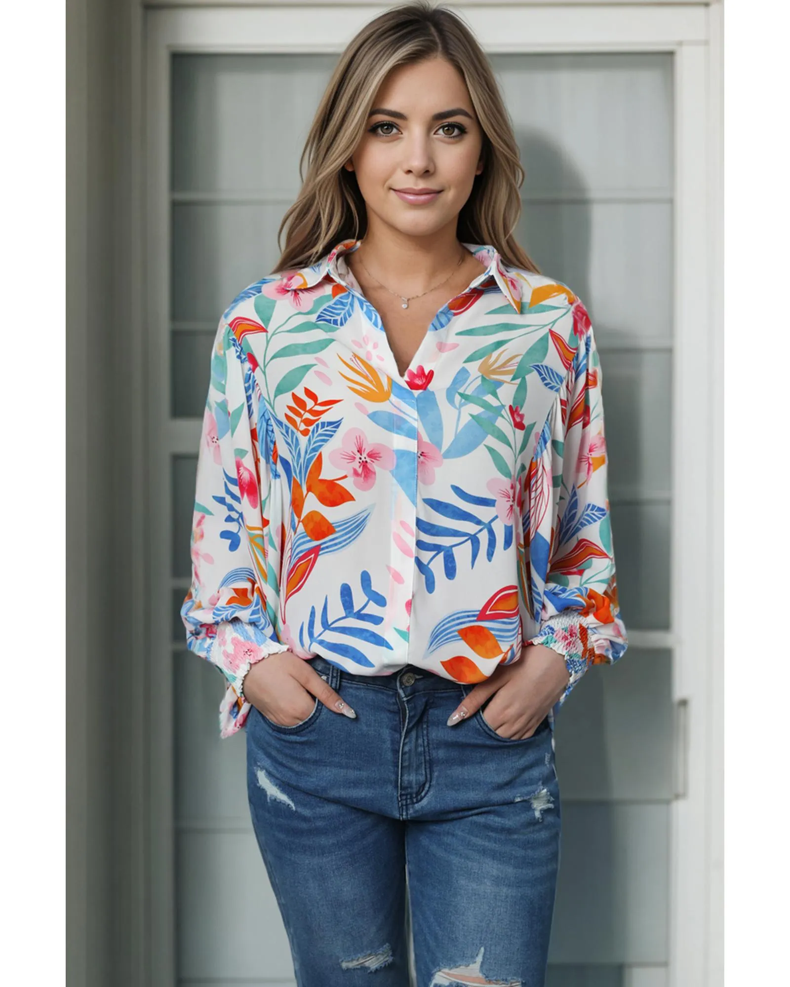 Azura Exchange Vibrant Floral Printed Billowy Sleeve Shirt - XL