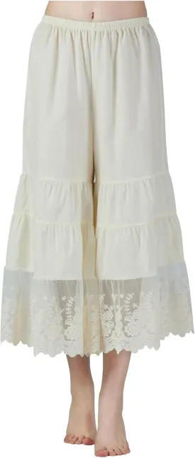 BEAUTELICATE Women Cotton Batiste Culotte Slip Pettipants Lace Trim Vintage Wide Leg Half Slip