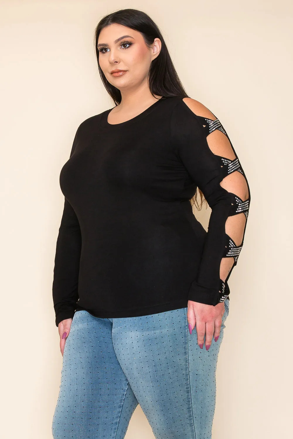 Black Rhinestone Cross Straps Long Sleeve Top