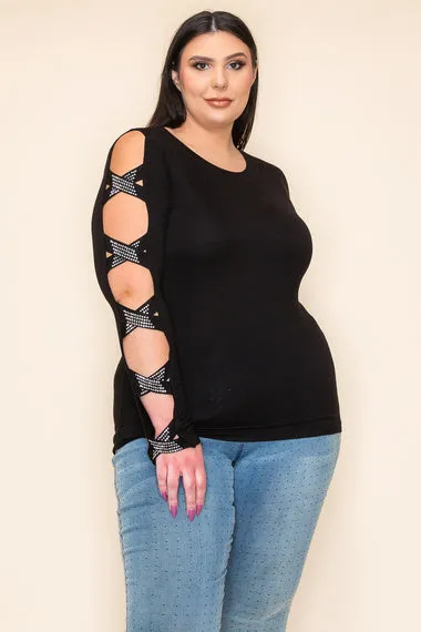 Black Rhinestone Cross Straps Long Sleeve Top