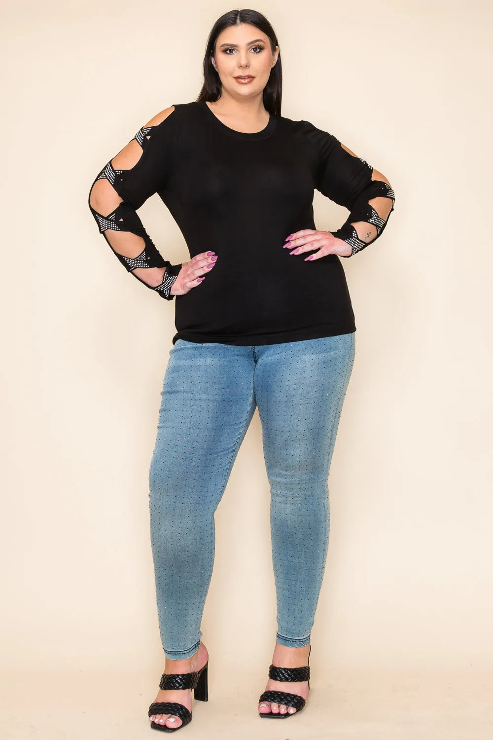 Black Rhinestone Cross Straps Long Sleeve Top