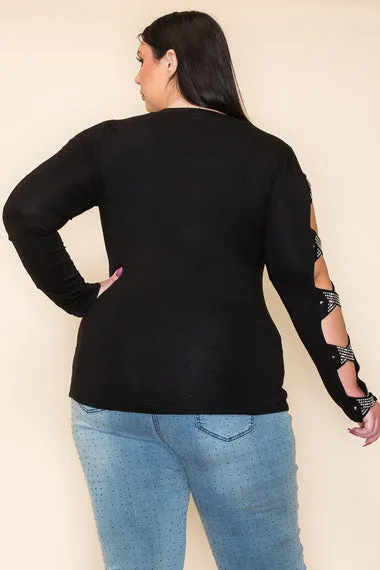 Black Rhinestone Cross Straps Long Sleeve Top
