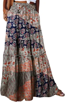 Boho Maxi Skirts for Women Casual High Waisted Tiered A Line Skirt Pleated Ruffle Hem Flowy Long Skirts with Pockets