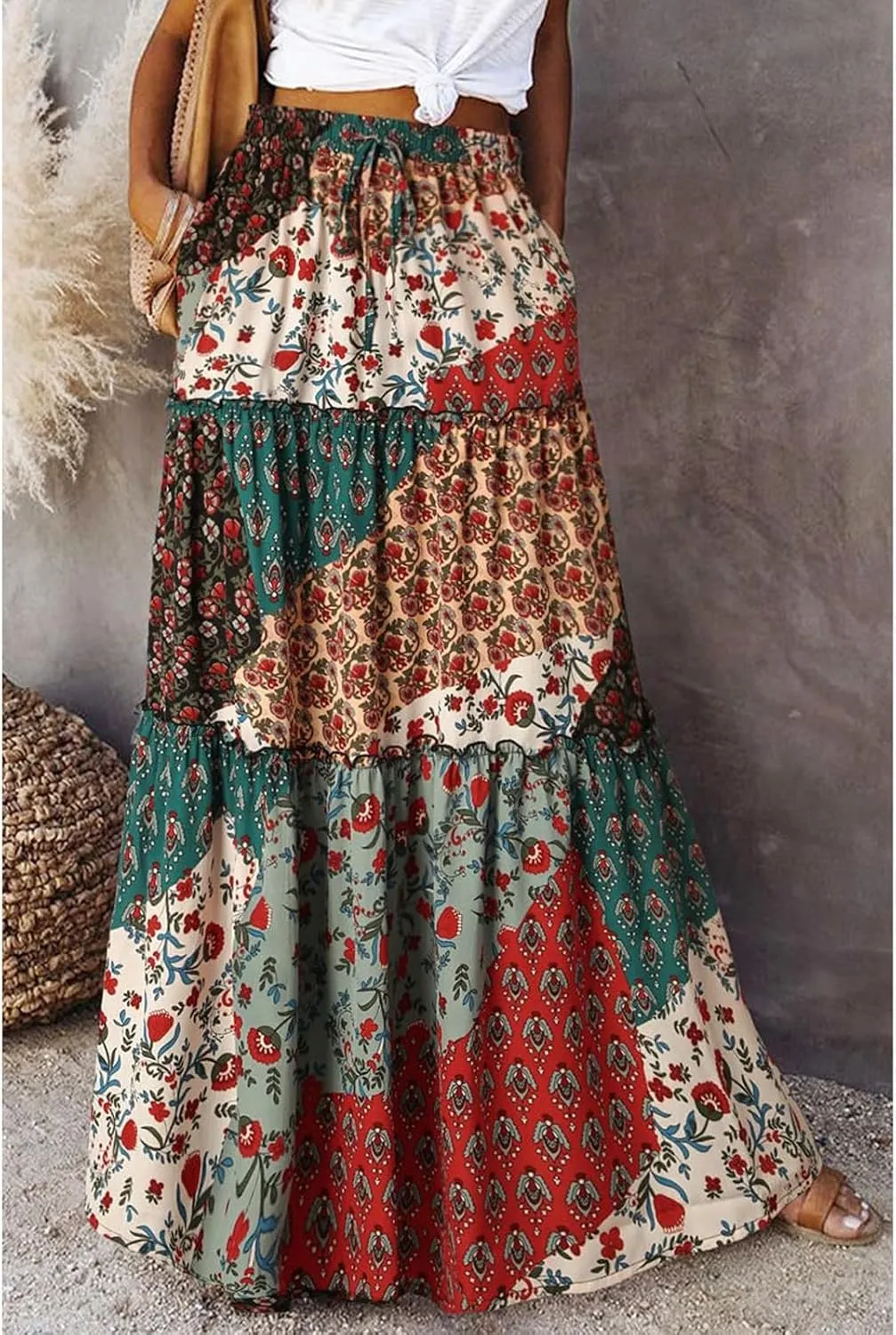 Boho Maxi Skirts for Women Pleated High Waisted Tiered A Line Skirt 2025 Summer Casual Flowy Long Skirts with Pockets
