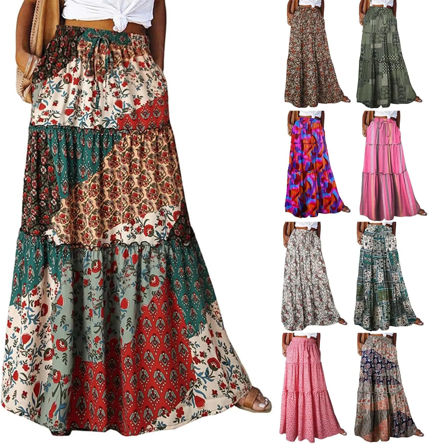 Boho Maxi Skirts for Women Pleated High Waisted Tiered A Line Skirt 2025 Summer Casual Flowy Long Skirts with Pockets