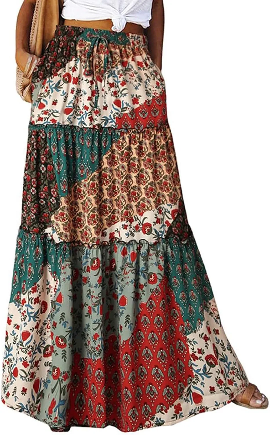 Boho Maxi Skirts for Women Pleated High Waisted Tiered A Line Skirt 2025 Summer Casual Flowy Long Skirts with Pockets