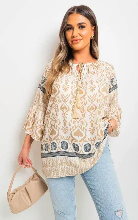 Boho Printed Tassel Tie Neck Long Sleeve Loose Tops
