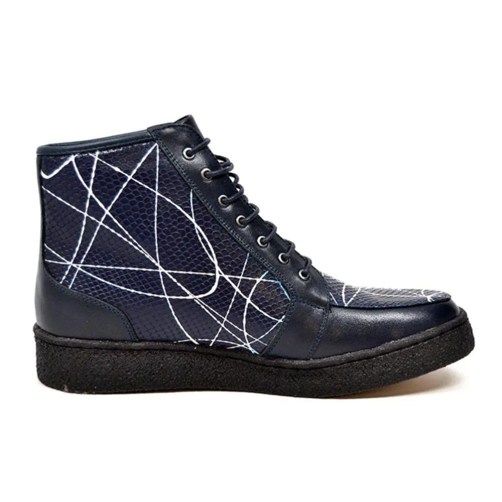 British Walkers Extreme Limited Edition Men's Navy Leather Linear Design High Tops Custom Made