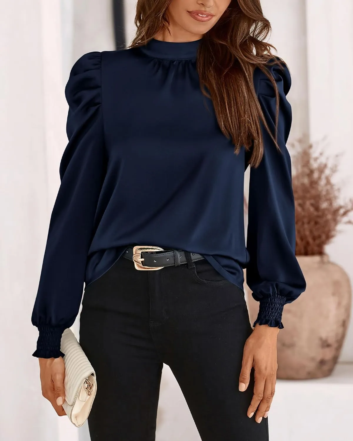 BTFBM Women Satin Puff Long Sleeve Blouses Mock Neck Shirts Business Casual Tops Work Dressy Blouse Spring Fall Clothes