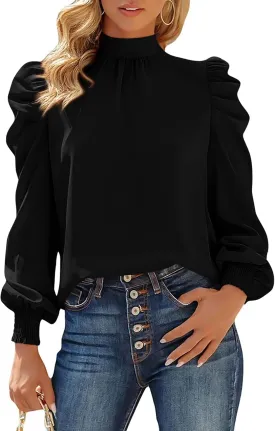 BTFBM Women Satin Puff Long Sleeve Blouses Mock Neck Shirts Business Casual Tops Work Dressy Blouse Spring Fall Clothes