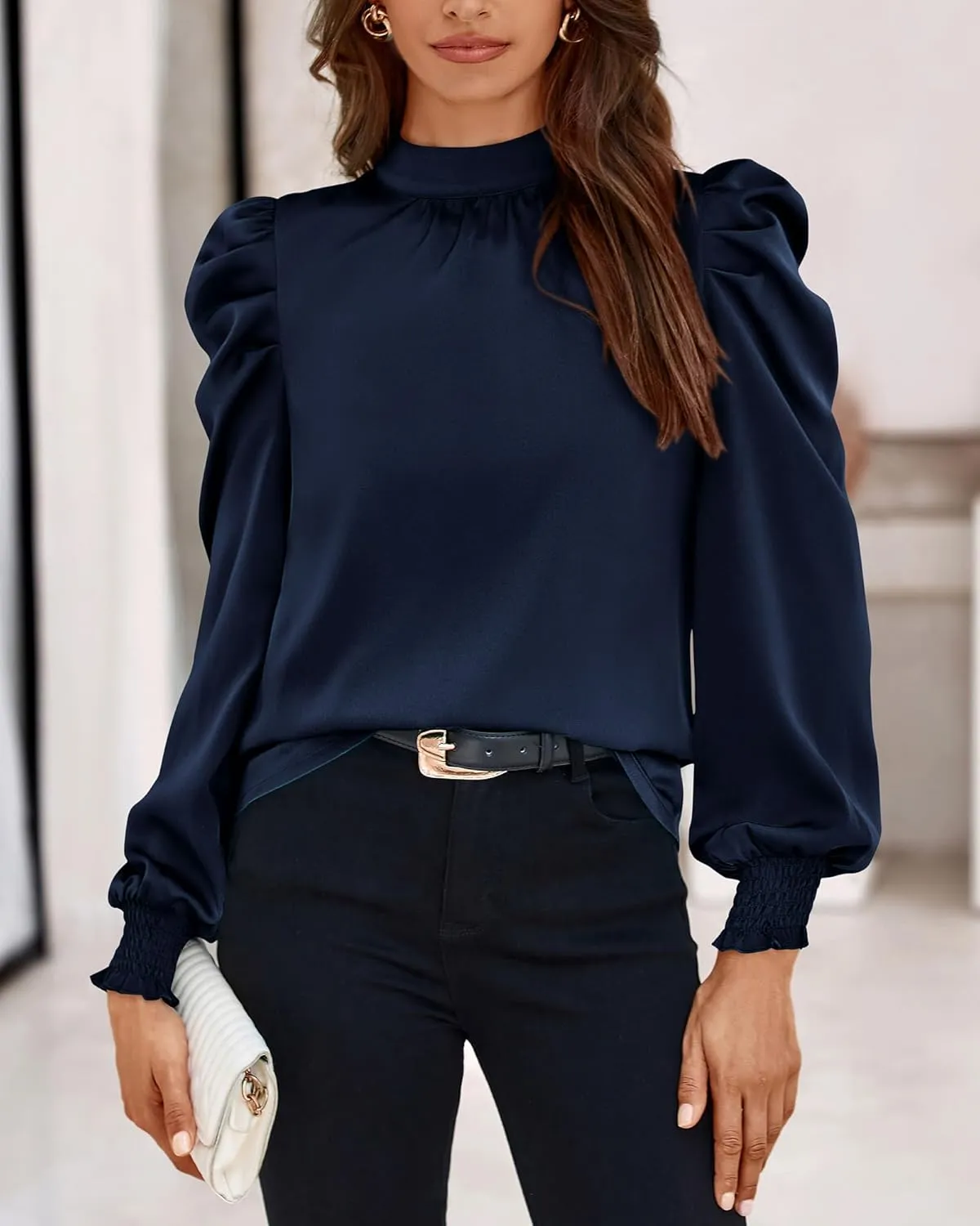 BTFBM Women Satin Puff Long Sleeve Blouses Mock Neck Shirts Business Casual Tops Work Dressy Blouse Spring Fall Clothes