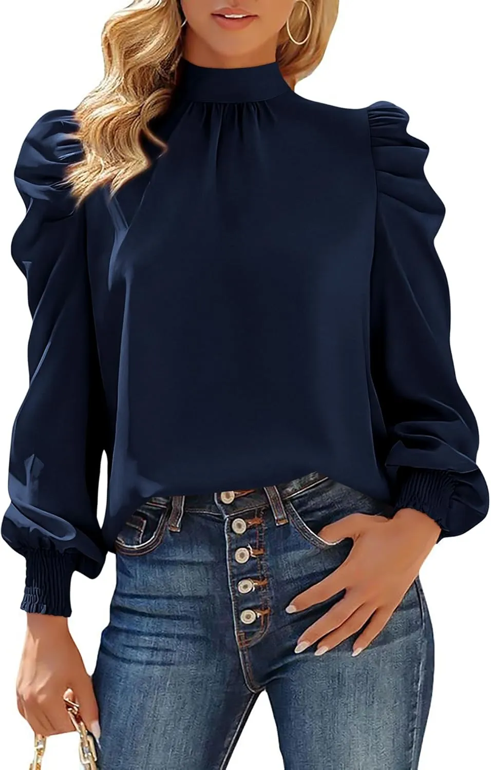 BTFBM Women Satin Puff Long Sleeve Blouses Mock Neck Shirts Business Casual Tops Work Dressy Blouse Spring Fall Clothes