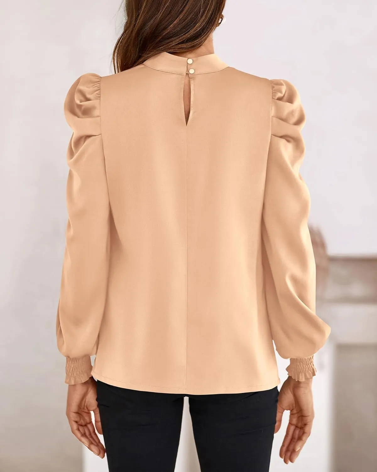 BTFBM Women Satin Puff Long Sleeve Blouses Mock Neck Shirts Business Casual Tops Work Dressy Blouse Spring Fall Clothes