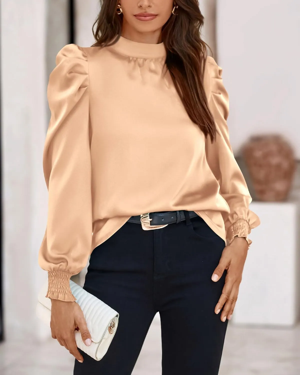 BTFBM Women Satin Puff Long Sleeve Blouses Mock Neck Shirts Business Casual Tops Work Dressy Blouse Spring Fall Clothes