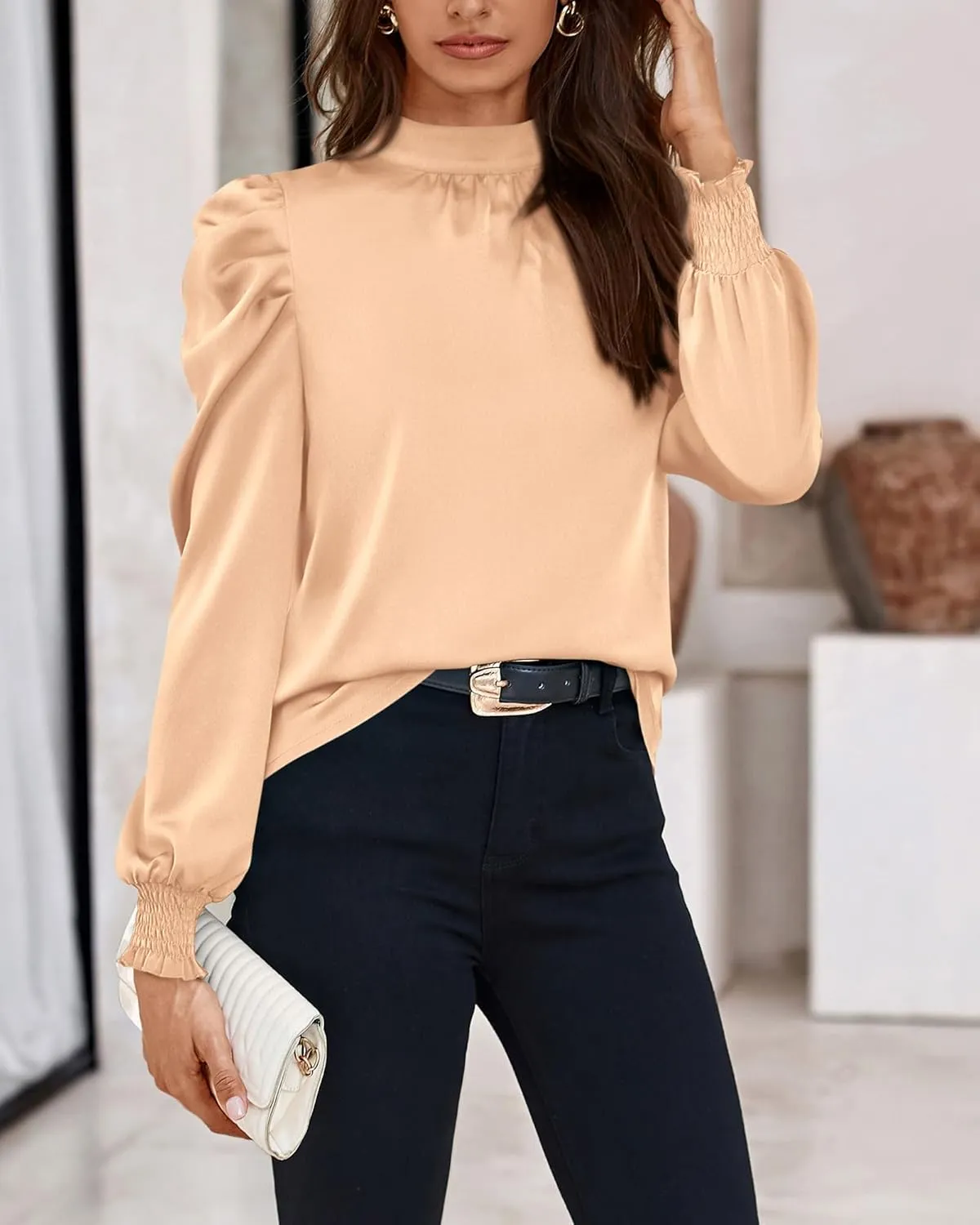 BTFBM Women Satin Puff Long Sleeve Blouses Mock Neck Shirts Business Casual Tops Work Dressy Blouse Spring Fall Clothes
