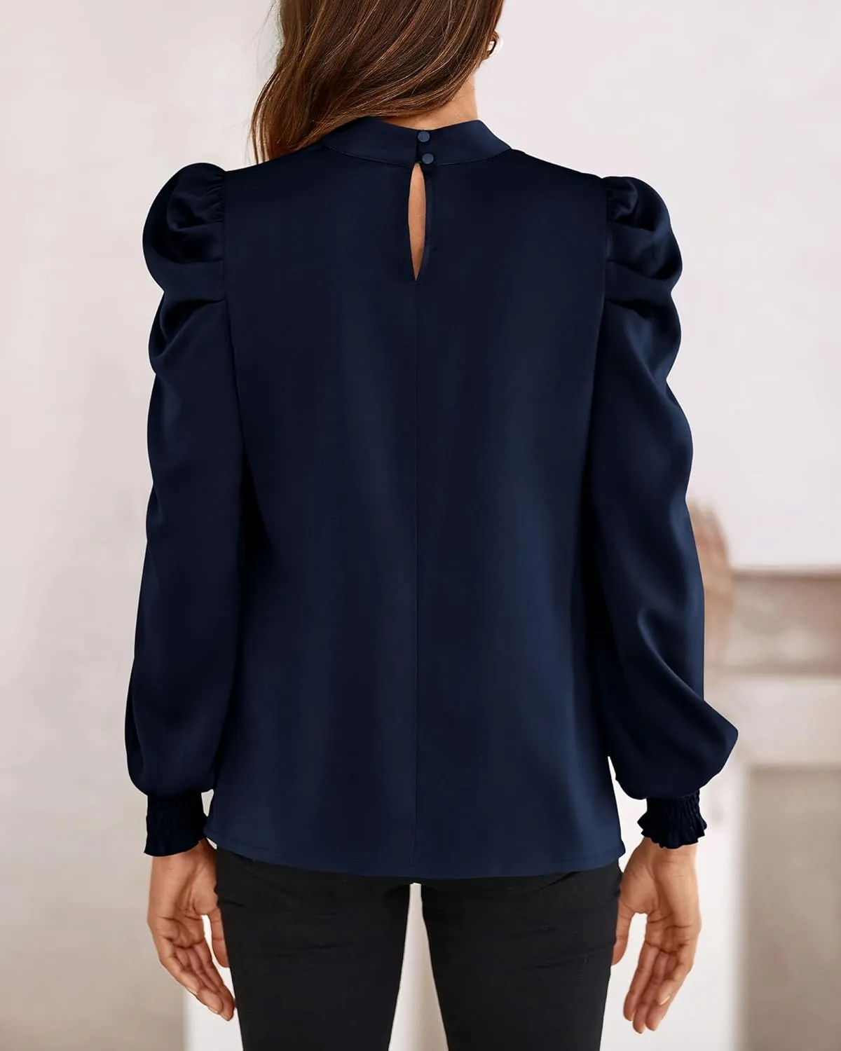 BTFBM Women Satin Puff Long Sleeve Blouses Mock Neck Shirts Business Casual Tops Work Dressy Blouse Spring Fall Clothes