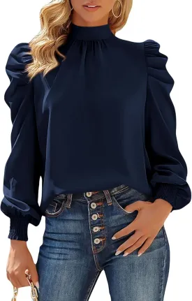 BTFBM Women Satin Puff Long Sleeve Blouses Mock Neck Shirts Business Casual Tops Work Dressy Blouse Spring Fall Clothes