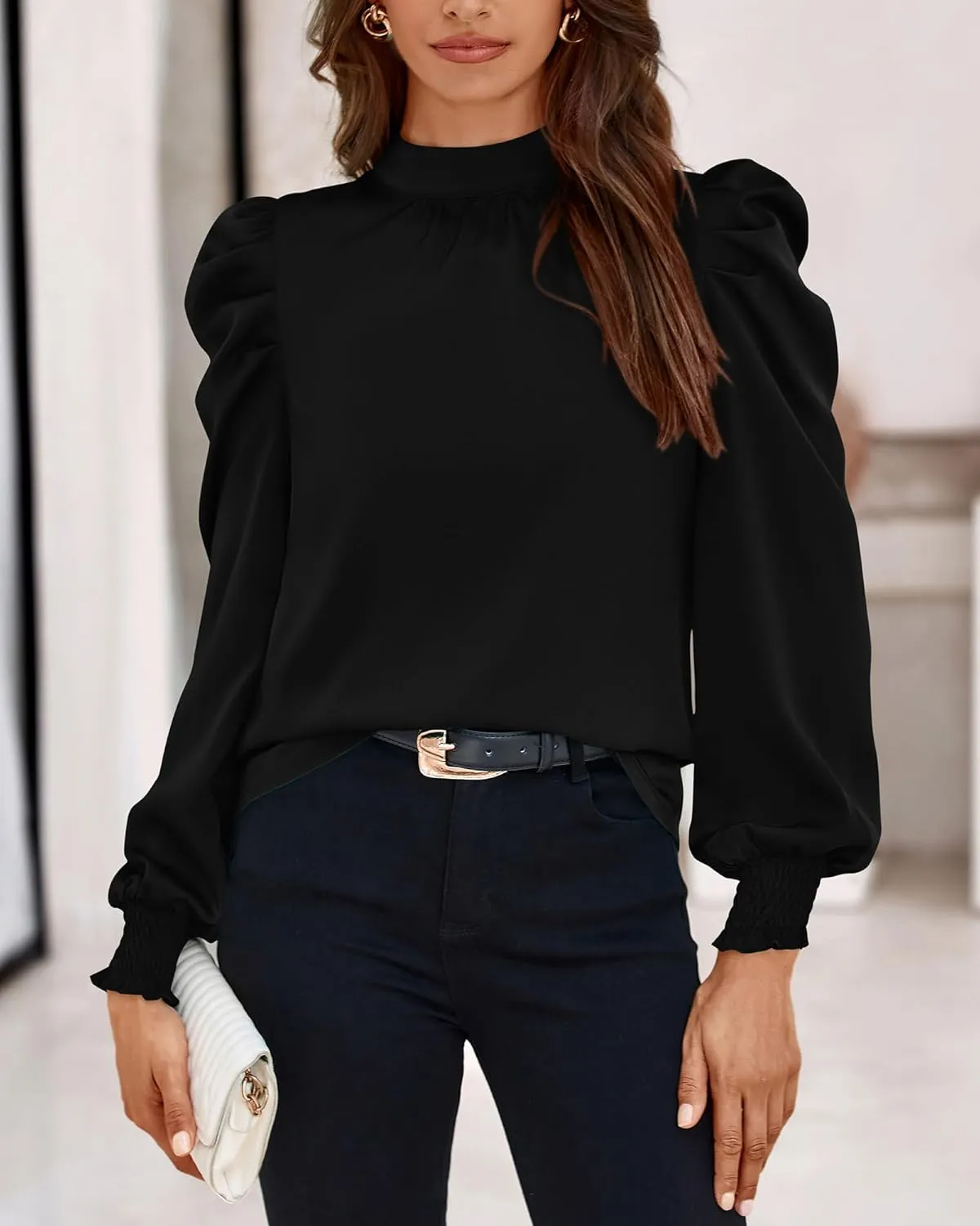 BTFBM Women Satin Puff Long Sleeve Blouses Mock Neck Shirts Business Casual Tops Work Dressy Blouse Spring Fall Clothes
