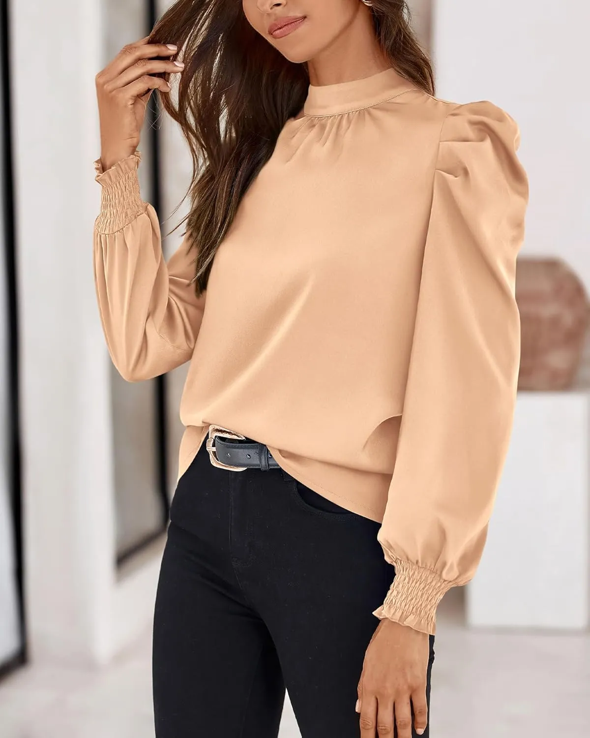 BTFBM Women Satin Puff Long Sleeve Blouses Mock Neck Shirts Business Casual Tops Work Dressy Blouse Spring Fall Clothes