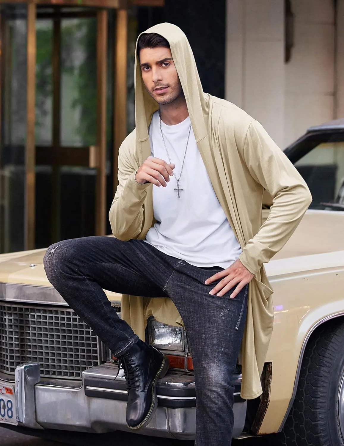 COOFANDY Men's Long Hooded Cardigan Shawl Collar Lightweight Open Front Drape Cape Overcoat with Pockets