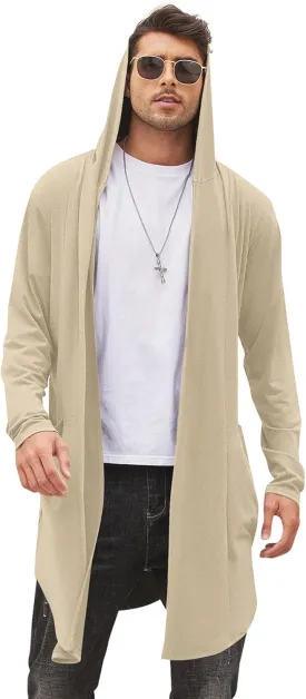 COOFANDY Men's Long Hooded Cardigan Shawl Collar Lightweight Open Front Drape Cape Overcoat with Pockets