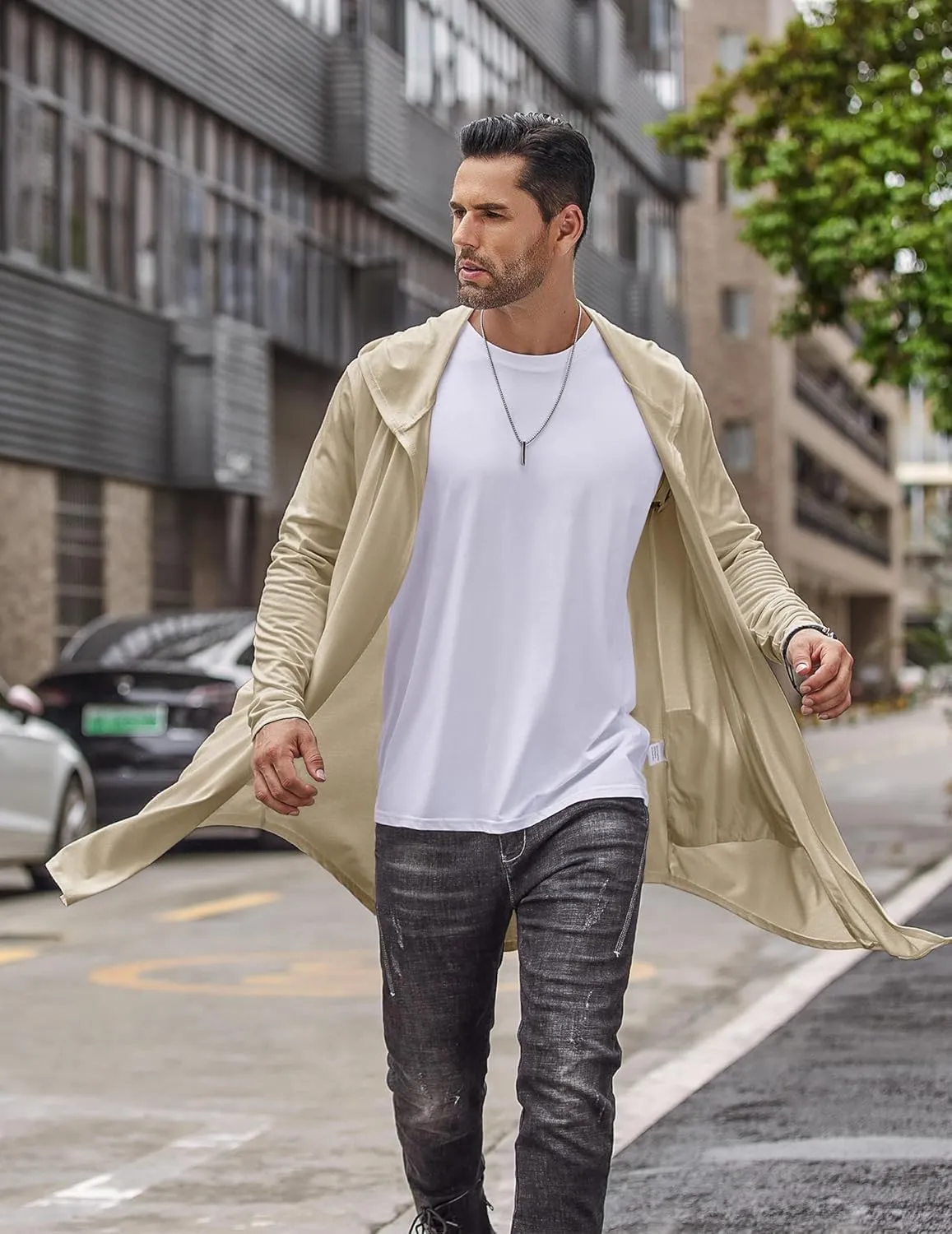 COOFANDY Men's Long Hooded Cardigan Shawl Collar Lightweight Open Front Drape Cape Overcoat with Pockets