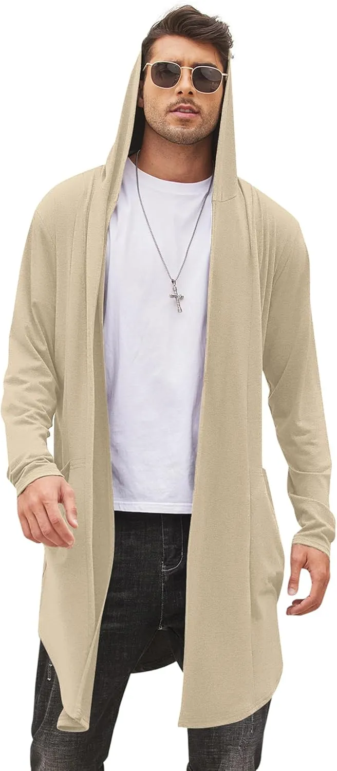 COOFANDY Men's Long Hooded Cardigan Shawl Collar Lightweight Open Front Drape Cape Overcoat with Pockets