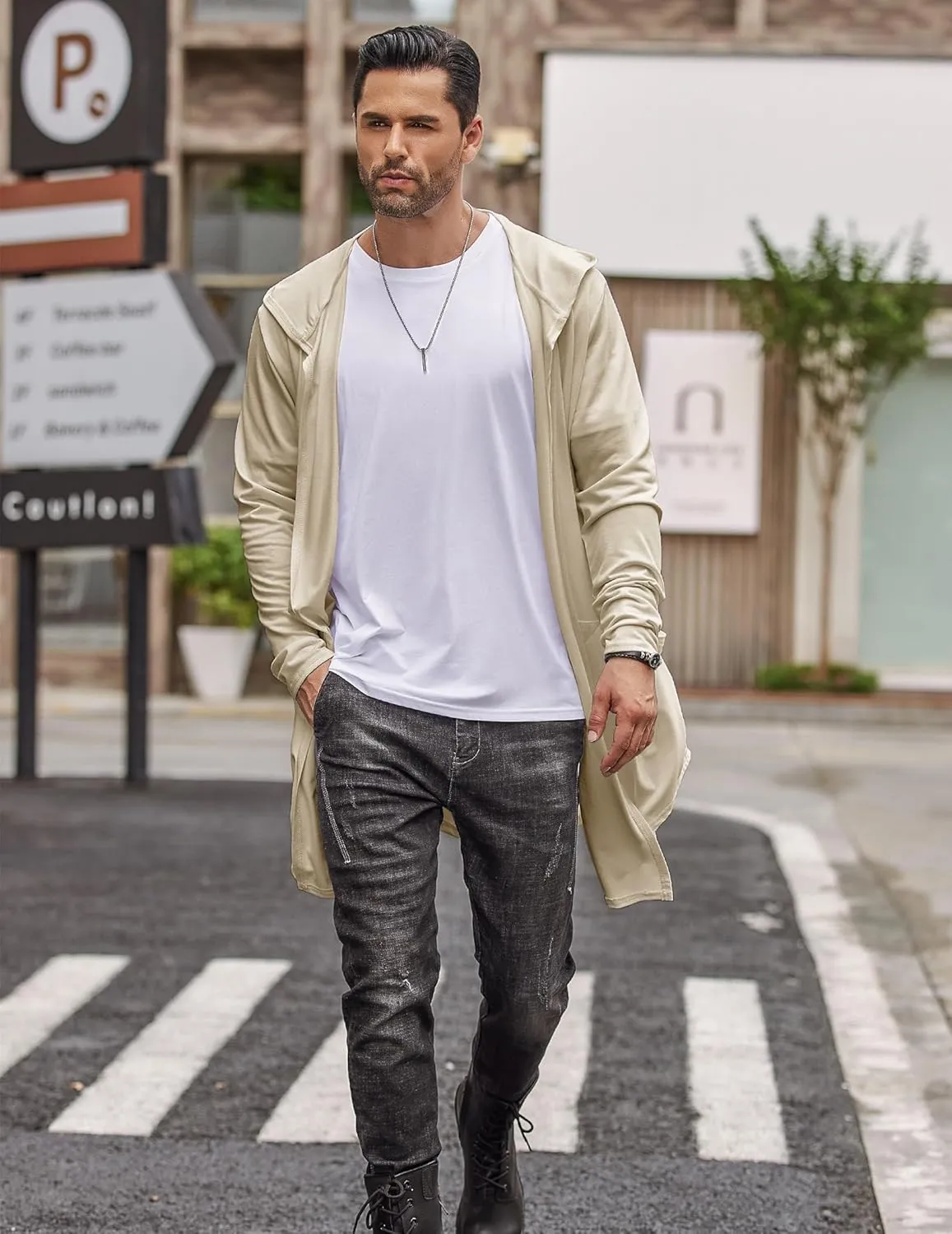 COOFANDY Men's Long Hooded Cardigan Shawl Collar Lightweight Open Front Drape Cape Overcoat with Pockets