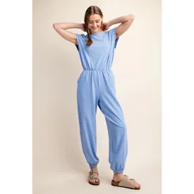 Cotton Lycra Open Back Jumpsuit Lt Indigo
